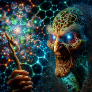 A disfigured witch piercing an alien made out of molecules