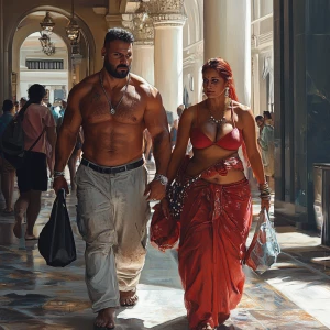 Photorealism,fantasy.A sweaty beefy man walking with his 54 year...