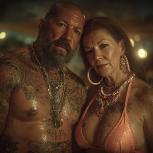 Hyperrealism ,a latin muscular beefy bearded tattoed sweaty ma...