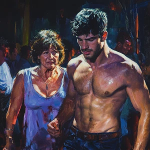realism,a muscular beefy sweaty man,walking entering  in a night...