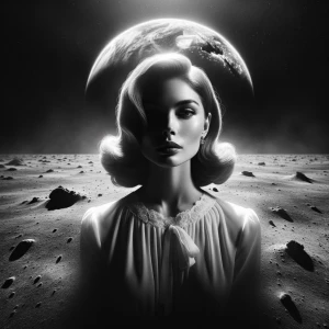 Ultra-realistic noir portrait of a mysterious woman on the moon,...