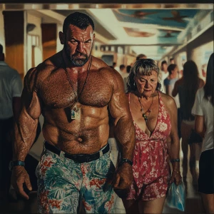 Realism.A man( muscular beefy criminal) walking with a woman(his...
