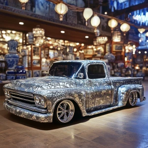 Envision a lowrider truck crafted from cracked porcelain, its su...