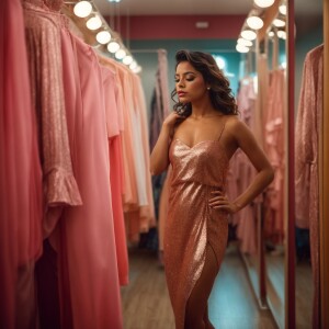 A Latina model playfully trying on revealing outfits in a dressi...