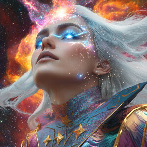 A celestial sorceress with glowing blue eyes, silver hair flowin...
