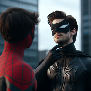 Batman standing on a nearby rooftop, his cape flowing in the win...