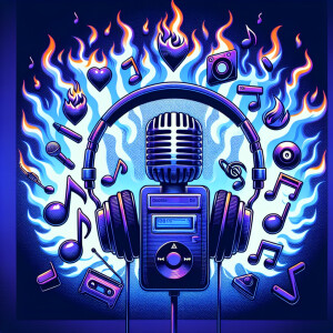 create a 90s  graphics.  Podcast headphones and microphone engul...