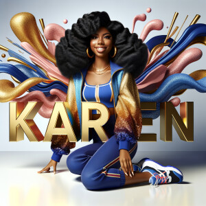 3D writing name "KAREN" bold glossy gold. There is a beautiful African-American latino woman, smiling with long black, wavy hair,, blue and gold trendy jacket and outfits in blue, pink, and gold tones, sport shoes, sitting under the name. Her outfits are glossy. dynamic color explosion background, of pink, blue, gold colors, splashed on white wall