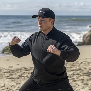 Elon Musk,practicing Kung-Fu on the beach, track suit, black "MA...