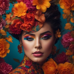 Craft a realistic portrait of a woman's face, adorned with makeu...