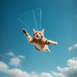 A cat parachuting down from a clear blue sky, with its paws spre...