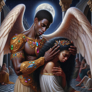 Create an oil painting image featuring a male angel and a grievi...