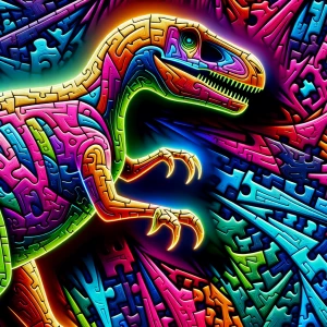 Generate an image of a dinosaur made from different color neon p...
