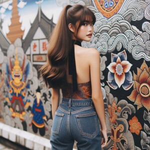 Attractive, Asian teenage girl, long brown hair and bangs, wearing tight skinny jeans and a halter top paint marks on her clothing, backside view heroic pose Asian graffiti