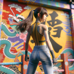 Athletic Thin skinny Attractive, Asian teenage girl, long brown hair and bangs, wearing tight skinny jeans and a halter top paint marks on her clothing, heroic pose Asian graffiti background, backside view