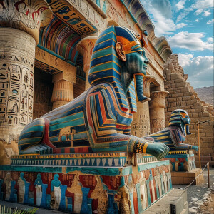 Explore vividly colored hieroglyphs, Sphinx-like structures, and...