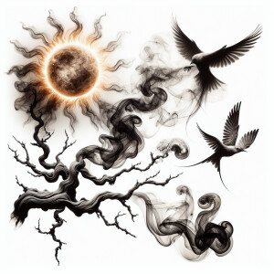 Create an artwork using fumage style. Birds, sun and a gnarled b...