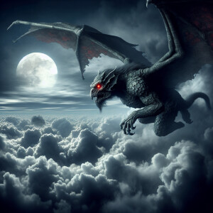 A massive gargoyle with glowing red eyes soaring through the sky...