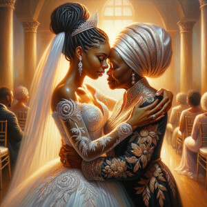 Imagine a hyper-realistic oil painting that captures a tender moment between theAfrican American bride and her God. The setting is intimate and filled with soft, warm lighting that enhances the emotional depth of the scene. The bride, in herexquisite wedding gown, shares a heartfelt embrace with her african-American Lord Jesus , who is dressedin an elegant outfit that complements the wedding's color scheme. Their expressions are full of love, pride, and joy, reflecting the special bond between them. Theattention to detail is paramount, from the intricate designs of their dresses to the subtle emotions conveyed in their facial expressions. The background is a blur ofgentle pastel hues, ensuring that the focus remains on this touching moment. Thispainting should convey the warmth, love, and depth of the relationship, with the rich textures and vibrant strokes characteristic of oil paintings, capturing the essence of this significant pre-wedding moment.