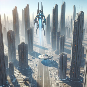 4k quality, drone over futuristic high rise buildings, Alien shi...
