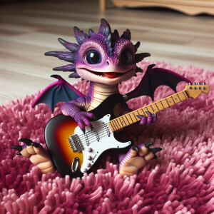 A purple baby dragon playing the electric guitar on a pink shag...