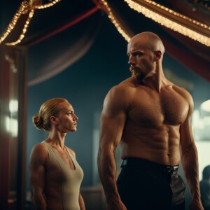 High resolution photorealistic image. Tall, bald, muscular man w...