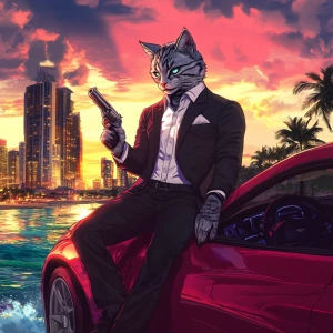 A humanoid cat character with sleek, silver fur, dressed in a st...