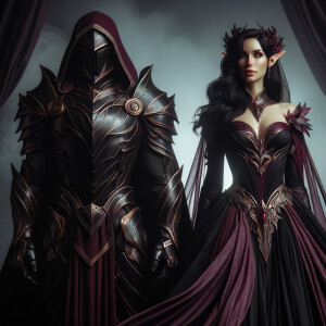 Black knight standing with a Greek elf queen with black hair and burgundy,gold and pink dress