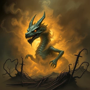 "Illustrate an eerie, sinister Dragon emerging from a swirling mass of toxic fumes. The Dragon's form is barely solid, its features constantly shifting and reforming within the dense, suffocating smoke. Its face, distorted and grotesque, peers out from the fumes with hollow, empty eyes that glimmer with malevolent intent. The mouth, filled with jagged, smoke-formed teeth, stretches into a macabre grin that seems to float and twist in the toxic haze.

The rest of the Dragon's body is an ethereal blend of noxious gases, with appendages elongating and curling like tendrils of poisonous vapor. Around it, the environment is bleak and barren, with twisted remnants of dead vegetation and decrepit, rusted swords half-buried in the ground. The air is thick and acrid, giving off an unsettling, chemical glow that casts eerie shadows.

Stray tendrils of fume slither across the ground, reaching out like ghostly fingers toward any living thing that comes near. The overall color palette should be muted and dark, with sickly blues, crimson, and blacks dominating the scene, to enhance the toxic and foreboding atmosphere. 

This visual blend of smoke and sinister Dragon should elicit a sense of dread and unease, making it both fascinating and horrifying."