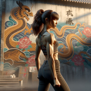 Athletic Thin skinny Attractive, Asian teenage girl, long brown hair and bangs, wearing tight skinny jeans and a halter top paint marks on her clothing, heroic pose Asian graffiti background, backside view