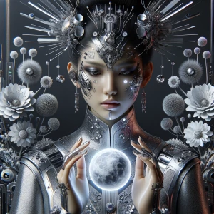 Beautiful girl in silver crystal dress, black hair and crown of...