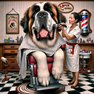 Photorealistic comic hyperrealism. Saint Bernard in a barber's c...