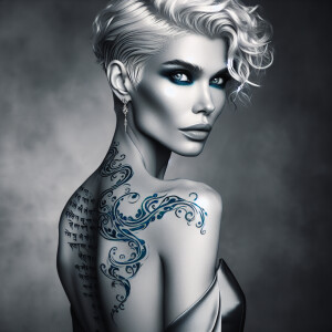 Platinum blonde Kahlan Amnell, mantra-scripted blue tattoo traci...