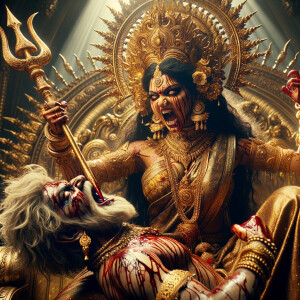 portrait of angry looking goddess durga sitting on a gold crown and carrying a weak mahishasur on her lap and stabbing him with her amazingly designed trident. She is wearing gold armor, a huge gold crown, gold saree, abundant  gold jewelry, covered in blood. The scene is set in ancient India. The image is 8K resolution, cinematic, ultra detailed face and epic.