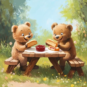 Two cute cartoon bears spreading jam on bread, sitting at a picn...
