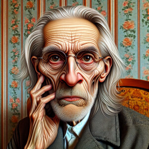 Digital art, a stylized clean shaven old man with long silver ha...