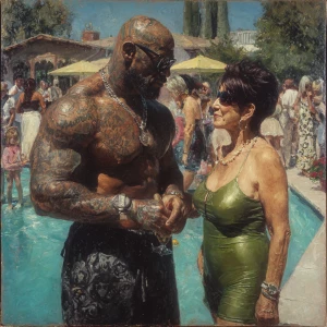 Hyperrealism,sharp painting ,a muscular beefy tattoed indian swe...