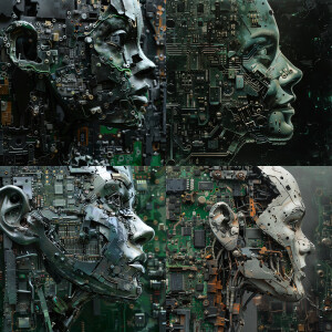 Robotic portrait of19 year old. Perfil. Metalic shape and screws...