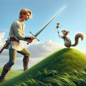 Luke skywalker in light saber dual with a chipmunk on a hill