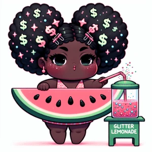 300dpi curvy Nubian chibi cutie in a watermelon-slice mini dre...