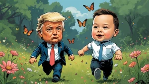 baby Trump and baby Elon Musk in children roles, running through...