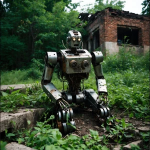 a ground level dystopian portrait photograph of a decrepit old s...