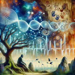 lie detector graphs, cardio, printout , branches infinity sign, cave, Art, handprints, distant birds flying, flowering vines, abstract gestural painting, dna cave drawings galaxies electrical cardiogram