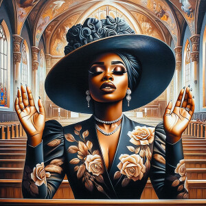 Render an airbrush oil painting of an African American woman with flawless makeup
kneeling at a church altar, her hands raised in a gesture of surrender to God. She's
dressed in stylish Sunday Best attire, with a particular focus on the delicate details of
her Church Hat. The background features a beautifully painted church interior, with the
oil paint texture enhancing the sacred atmosphere. The artwork should capture the
woman's devout expression, the elegance of her attire, and the spiritual ambiance of
the church setting, reflecting a moment of deep faith and devotion.