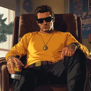 A man with short, dark hair styled back, wearing a bright yellow...