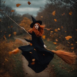 Light ginger haired female dressed as witch flying on broom
