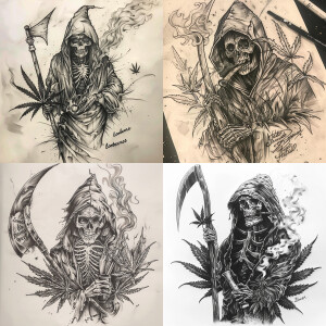 A tattoo sketch in the style of tattoo realism of Death holding...