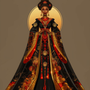 Illustrate a full body regal Empress reflecting a blend of Afr...