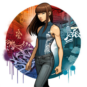 Very thin Athletic Thin skinny Attractive, Asian teenage girl, long brown hair and bangs, wearing tight skinny jeans and a halter top paint marks on her clothing, heroic sideways pose Asian graffiti background