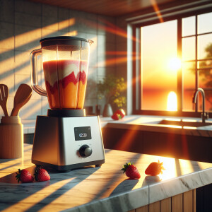 Show a blender whirling a smoothie beside a rising sun